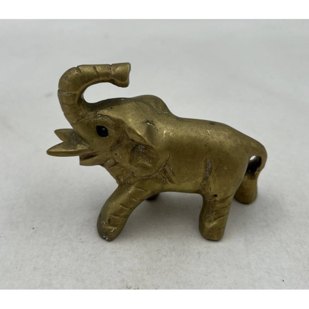 Vintage Solid Brass Elephant Figurine Trunk Up Good Luck Green Eyes Miniature